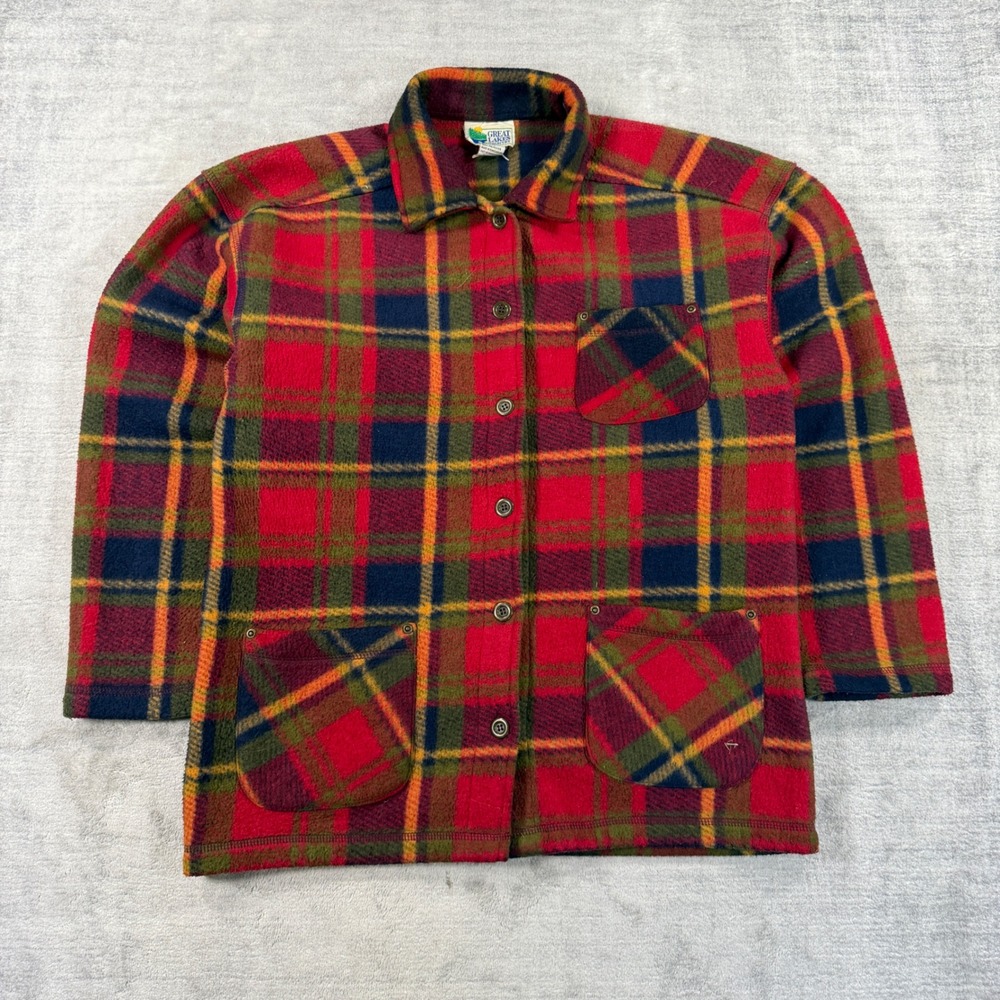 Great Lakes Country Jacket Mens Small Red Vintage Plaid Fleece Button Up Shacket
